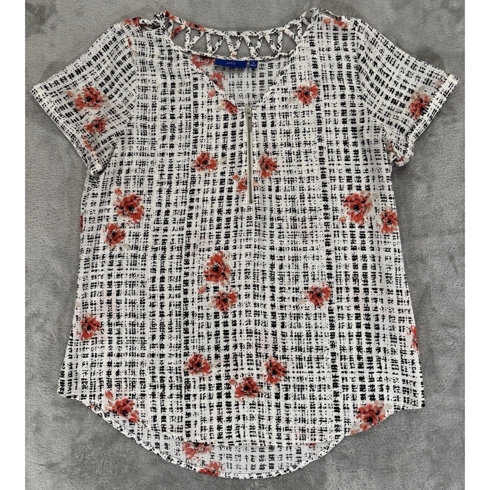 Apt 9 Top Womens M White Floral Quarter Zip V Neck Lattice Back 100% Polyester